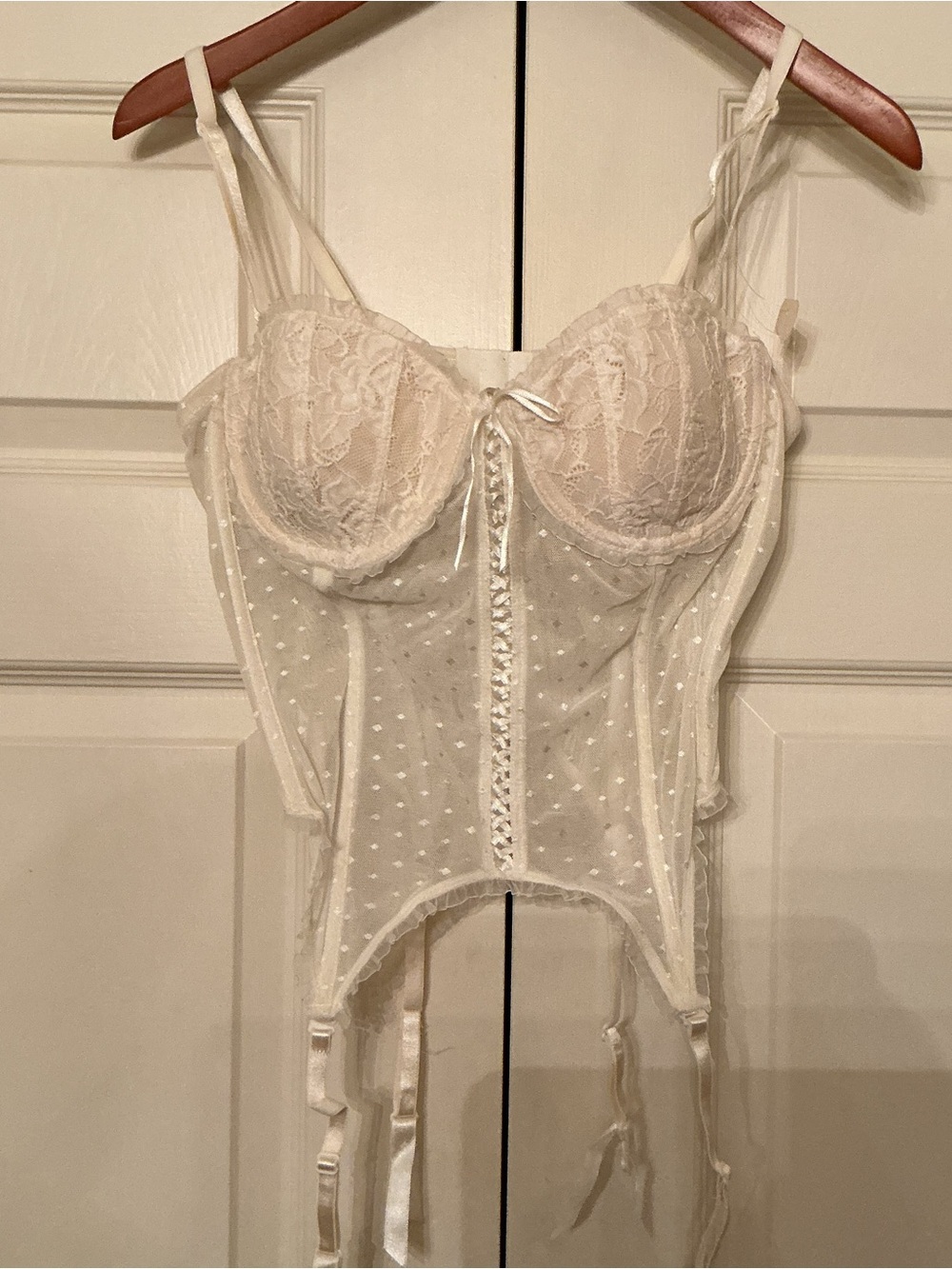 New delicates Ivory Lace & Sheer Polka-Dot Floral Bustier with Garter Straps